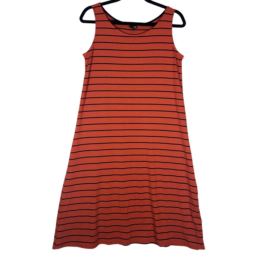 Lisa Bayne Tank Dress Sz S Coral Black Striped Sleeveless Midi Rayon Stretch USA